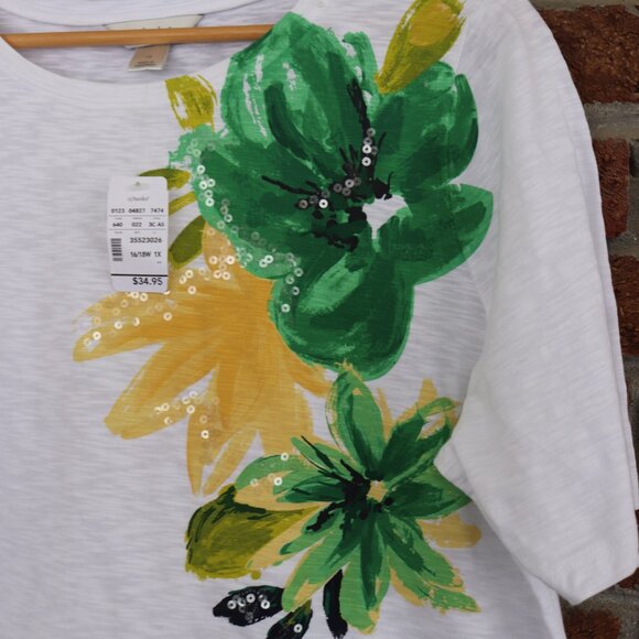 CJ Banks Shirt * NWT * 1X * Green / Yellow / White * Sparkle - Picture 2 of 10